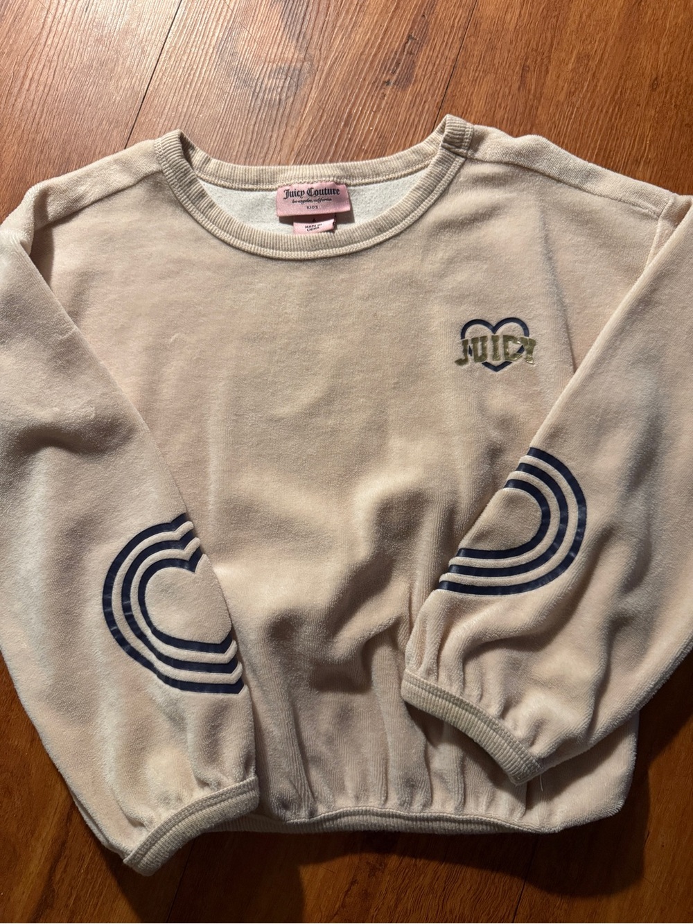 Y2K Juciy Couture Cream Pullover Sweatshirt with Navy Heart and Sleeve Stripes